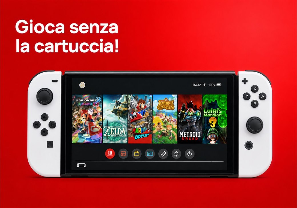 Nintendo Switch OLED con la libreria di giochi sullo schermo: gioca senza la cartuccia