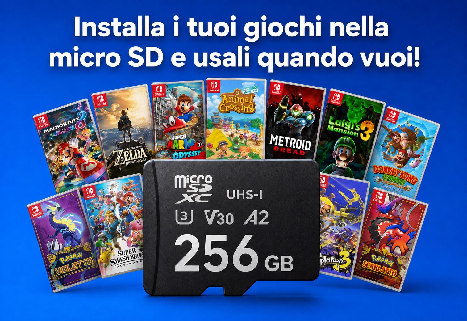 microSD davanti alle custodie dei giochi Nintendo Switch: serve una scheda da almeno 128 GB per installare i giochi